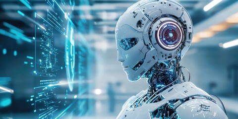 Poster - a building with smart technology, featuring robotic elements, AI integration, and a sleek, modern aesthetic in a high-tech environment.