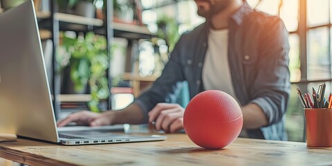 Aufkleber - Freelancer using a stress ball while working at a tidy desk, managing work pressures with simple stress-relief tools.