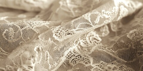 Poster - Macro shot of sepia-toned lace fabric featuring delicate patterns and soft texture, ideal for romantic, vintage-themed backgrounds.