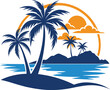 © Jobaida - Beach vector art illustration. Tropical beach scenes set. Caribbean landscape at sunset vector design. Idyllic paradise with palm trees and surfboards in circle vector illustration.