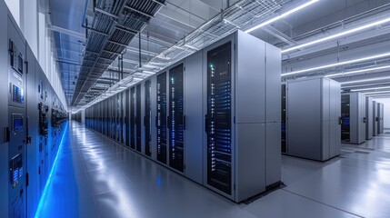 Aufkleber - Modern data center with rows of high-performance server racks, illuminated blue LEDs, and overhead cable management, perfect for technology, cloud, or infrastructure concepts