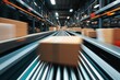 © jendralbiribiri - Fast-Moving Cardboard Boxes on Automated Conveyor Belts in a Modern Warehouse, Illustrating Efficient Logistics and Distribution Processes for Online Retail and Global Shipping, Motion Blur