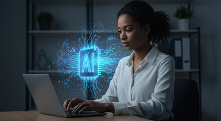 ai technology: a young black woman in her 20s using a laptop with glowing ai chip graphic highlighti