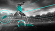 © master1305 - Professional soccer player kicks ball with precision motion tracked by glowing lines and neon elements on stadium field. Contemporary art collage. Concept of sport, celebration, games, events