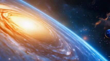 Wall Mural - Spiral galaxy with Earth and distant star, showcasing cosmic scale and astronomical details. Celestial bodies positioned against starry background with nebula clouds.