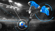 © master1305 - Young male athlete performs kick with neon overlays and motion-tracked ball flight under night sky. Creative art design. Monochrome. Concept of professional sport, celebration, games
