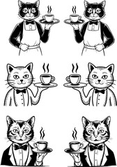 Naklejka na meble Vintage Style Waiter Cats Holding Coffee Cups – Black and White Hand Drawn Vector Set of Elegant Cat Baristas in Tuxedos, Retro Animal Characters for Cafe or Menu Design
