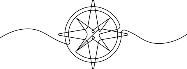 Compass in continuous line art drawing style. Minimalist black linear sketch isolated on white background. Navigation vector illustration