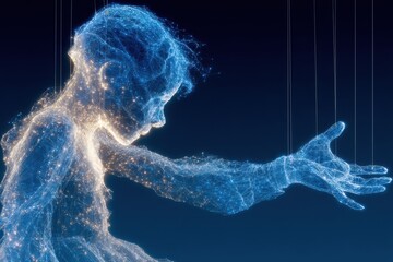 Wall Mural - wireframe holographic figure reaching out in a futuristic digital representation