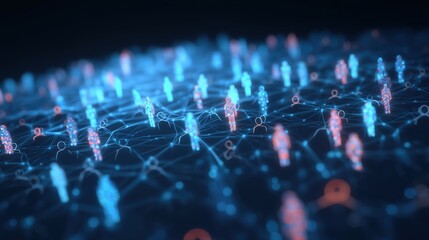 Poster - Abstract Social Network Concept with Connected People Icons on Dark Blue Gradient Background – 3D Rendering Illustration of Online Community, Digital Communication Technology, Data Flow and Global Con
