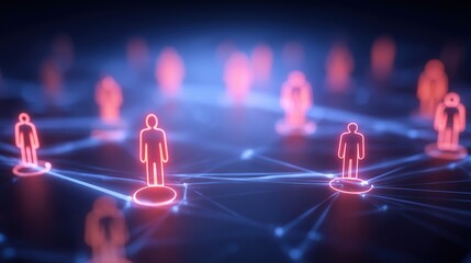 Poster - Abstract Social Network Concept with Connected People Icons on Dark Blue Gradient Background – 3D Rendering Illustration of Online Community, Digital Communication Technology, Data Flow and Global Con