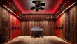 © Katrina - a professional sound studio with wood paneling a red soundboard backdrop and overhead lighting