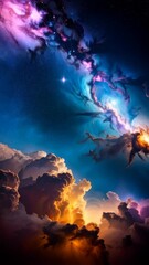 Wall Mural - dramatic ethereal cosmic vista with golden clouds and violet nebula in a vertical fantasy backdrop.