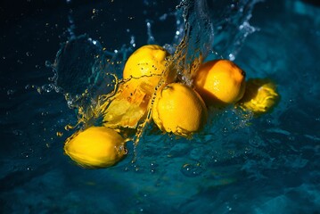 Fototapete - A cluster of oranges in water, with droplets splashing around them.