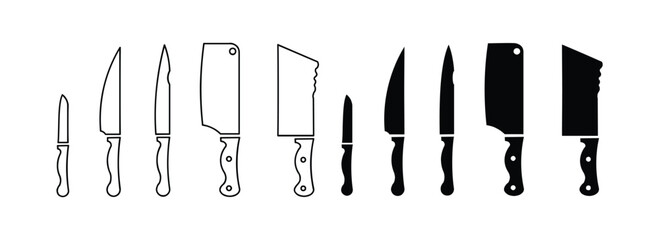  Kinds of kitchen knife sign symbol silhouette. Butcher knife silhouette symbol icon vector. Knife icon vector.