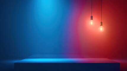 Wall Mural - a blue and red background with two glowing light bulbs
