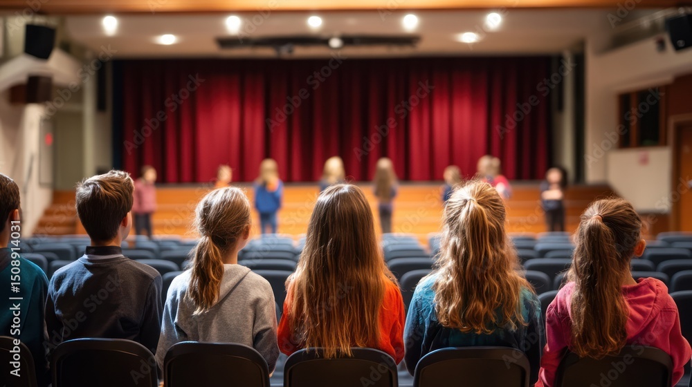 Children watching a performance in a theater with red curtain backdrop ...