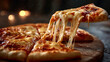 © Sönke Hayen - Frisch gebackene Käsepizza mit geschmolzenem Mozzarella – heiß serviert auf Holzbrett mit deftigem Käsefaden beim Herausheben eines Stücks, perfektes Motiv für Genuss, Werbung und Gastronomie
