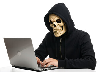 A man with a skull mask and hoodie sits at a laptop, concentrating on the task at hand.