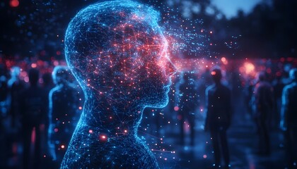 Fototapete - Futuristic Human Silhouette with Digital Particles and Abstract Background