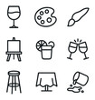© Svitlana - Paint and Sip Icons. Outline icon set of paint and sip party: wine glass, paint palette, brush stroke, canvas easel, cocktail