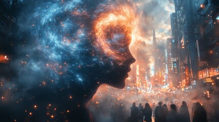 Wall Mural - A mysterious man walks through a crowded city, but instead of a normal face, his head is a swirling galaxy. 