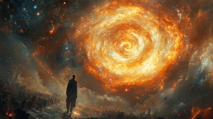 Wall Mural - A mysterious man walks through a crowded city, but instead of a normal face, his head is a swirling galaxy. 