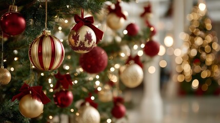 Aufkleber - Closeup of festive christmas ornaments hanging from pine tree branches with twinkling lights and red accents, blurred background creating a warm holiday mood