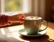 © Sergey - Small child’s hand reaching toward a cocoa mug on the table.