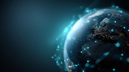 Leinwandbilder - Glowing earth globe with digital network lines and data points on a dark blue background emphasizing technology and connectivity with copy space