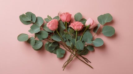 Poster - Elegant flat lay of pink roses and eucalyptus branches on pastel pink background with ample space for text, conveying freshness, softness, and natural beauty for floral or wellness themes