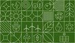 © Viktoriia - Environment nature abstract modern geometric pattern. Vector green eco-friendly grid ornament with environmental sustainability icons. Plants, trees, water droplets, recycling symbols, leaves, globe.