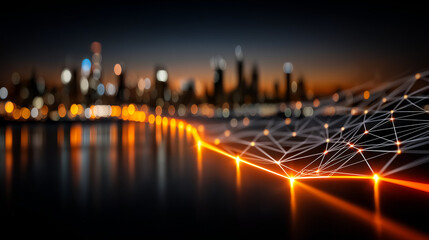 Wall Mural - cityscape network: glowing network lines connecting a cityscape at night, symbolizing innovation and
