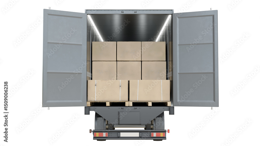 Package Rear View Rear view of a shipping truck trailer fully loaded with palletized ...