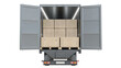 © Orange Dragon Studio - Rear view of a shipping truck trailer fully loaded with palletized boxes. Isolated on transparent background. 3D illustration.