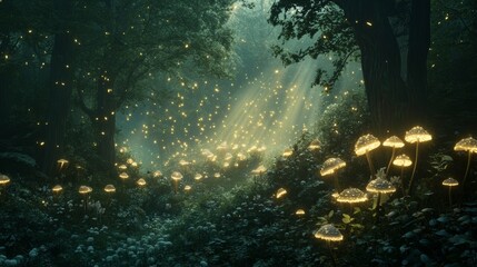 Wall Mural - A magical forest illuminated by glowing mushrooms and fireflies, with soft beams of light filtering through the trees. 
