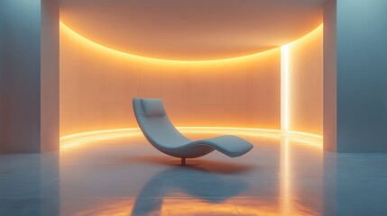 Wall Mural - A minimalist white room with no visible walls, featuring a sleek, modern chair in the center, soft ambient lighting, and a calm atmosphere that evokes tranquility and simplicity. --ar 16:9 --stylize 7
