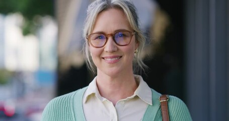 Aufkleber - Happy, city and face of business woman with smile, confidence and pride for career or job outdoor. Professional, worker and portrait of person in urban town for commute, travel and leaving office