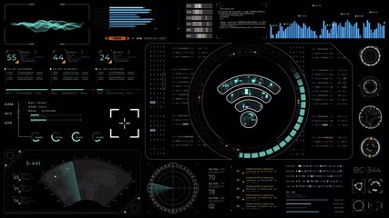 Wall Mural - motion graphic of blue digital wifi logo with head up display (hud ui) panel and futuristic technolo