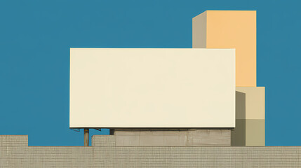 Wall Mural - A blank white billboard mounted on the rooftop of a modern building surrounded by a clear blue sky. Absence Structure. Illustration