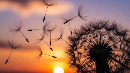  Dandelion Seeds Blowing in Wind at Sunset Nature's Beauty & Transience