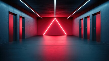 Red neon triangle hallway, doors, dark floor, future concept