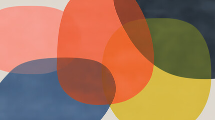 Wall Mural - Overlapping and interlocking abstract blobby shapes in pink, blue, yellow, orange, dark blue, and dark green on a white background. Soft Interlock. Illustration