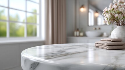 Fototapete - Bright and airy bathroom showcases a sleek marble countertop adorned with neatly folded towels and a delicate flower arrangement. Natural light enhances the calming ambiance