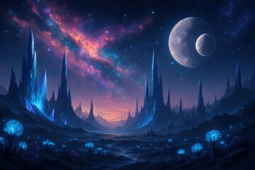 Wall Mural - breathtaking panoramic landscape of a surreal alien planet with twin moons crystal spires and biolum
