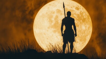 Wall Mural - A silhouette of a warrior with a spear, standing against a full moon. 