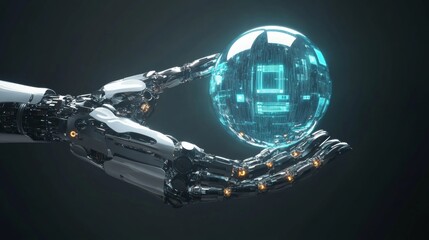 Wall Mural - A sleek robotic hand holding a glowing digital sphere, representing future innovation. --ar 16:9 --v 6.1 Job ID: cf7b9a98-f0f3-4247-aea5-8db66a106f57