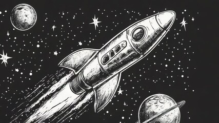Wall Mural - a simple illustration of a black and white rocket soaring through the cosmos
