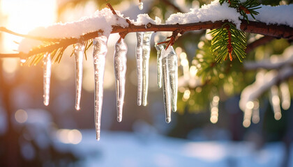 Beautiful naturally formed icicle hanging from tree branch, winter season. Cold weather. Close-up.