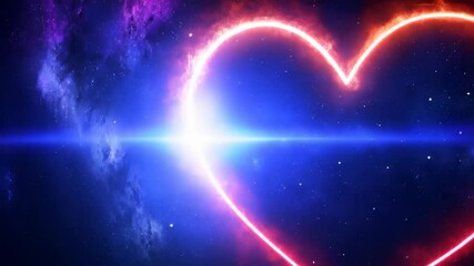 Wall Mural - glowing heart outlined in neon pink light against a starry galaxy background, space theme